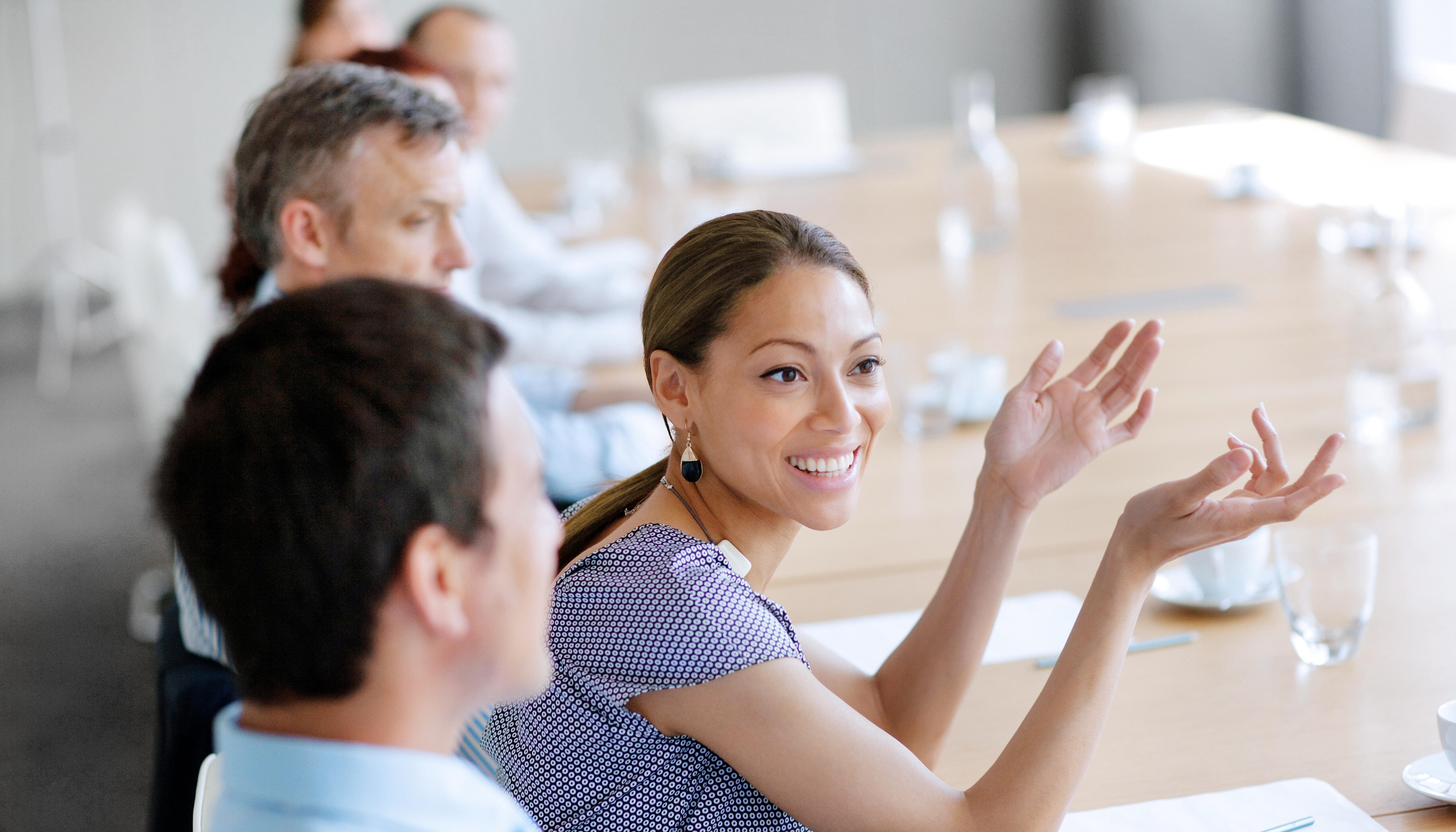 Business women and men at a conference table talking
