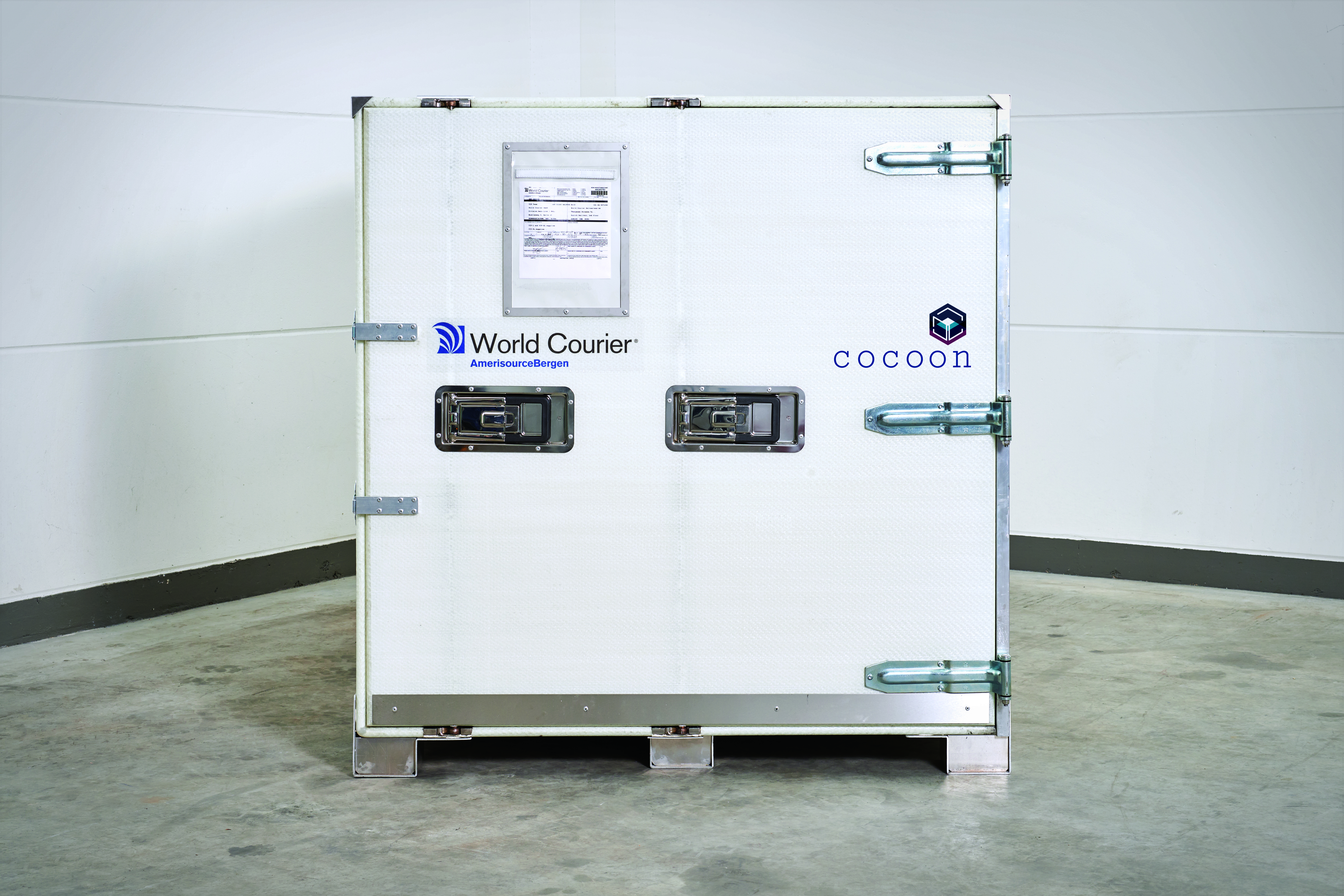 A cocoon shipping unit with the door sealed, viewed from the loading end.