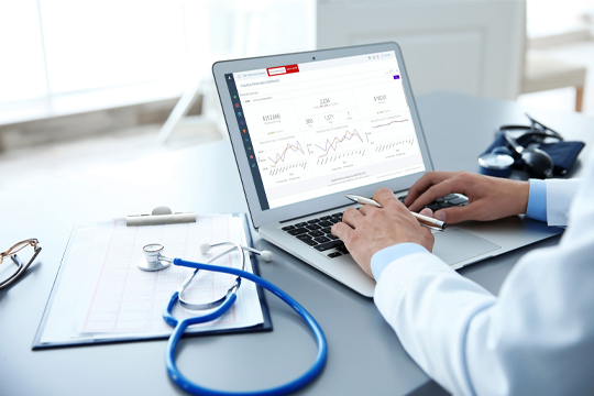 vet looking at data analytics on his laptop